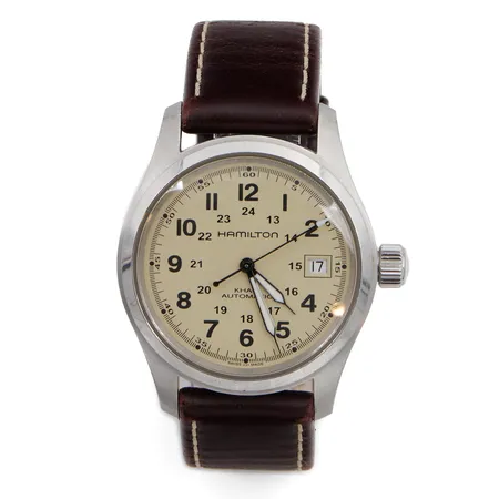 Teräsrannekello Hamilton Khaki Automatic, mallinumero H704450, nahkaranneke, rungossa pieniä käytön jälkiä, taulun Ø 39mm