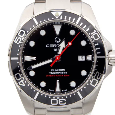 Teräsrannekello Certina DS Action, Ø 43mm, rannekkee pituus 190mm, automaatti, sarjanumero 8ZA8TDFI0, ref. C032.407.11.051.00, 5 jatkopalaa, takuukortti ja laatikot.