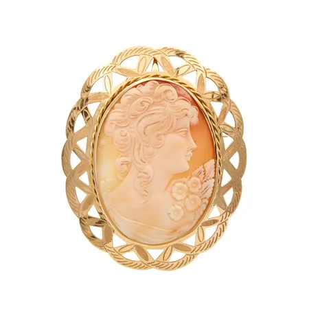 Camee-riipus, mitat 105 x 80mm, rintaneulan lukko puuttuu, tekijänleima Tnu (Timcen Jewellery Ky), 585br, Paino: 52,8 g
