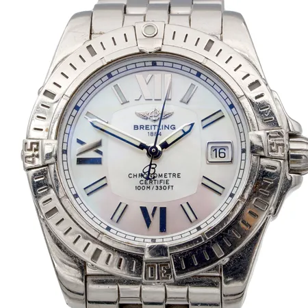 Teräsrannekello Breitling Cockpit Lady, A71356, sarjanumero 1109864, rungon Ø 32mm, rannekkeen pituus 170mm, quartz, ostettu Lindroosilta 2008, laatikko.