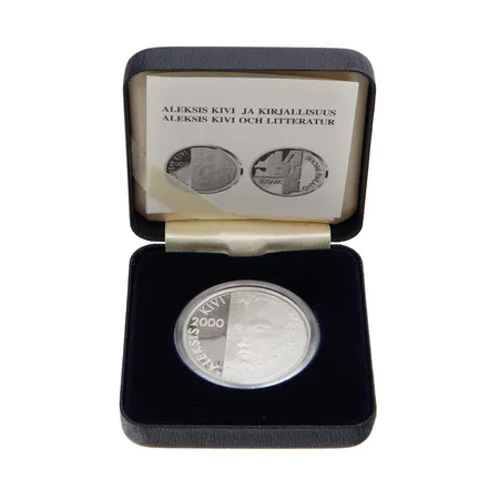 Juhlaraha, Aleksis Kivi ja kirjallisuus, Suomen Rahapaja, 2000, mukana alkuperäistodistus ja alkuperäinen laatikko, 925, Paino: 22 g