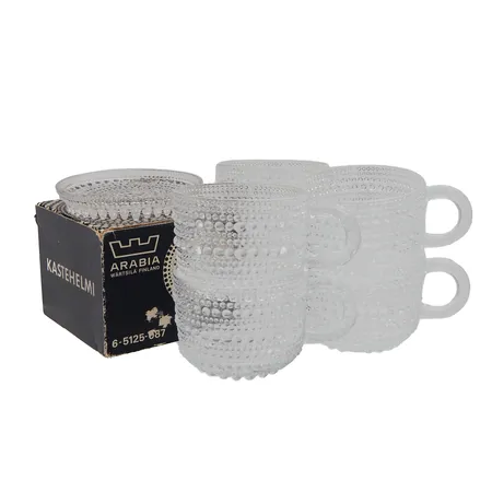 Kuusi kuppia ja asettia, Iittala, Kastehelmi, korkeus 50mm, asetin Ø 85mm, alkuperäinen laatikko aseteille