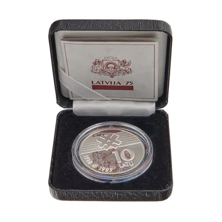 Juhlaraha, Latvia, 10 Latu, Itsenäisyys 75-vuotta, 1993, 925, Paino: 25,2 g