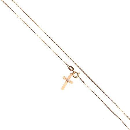Venetsia-kaulaketju risti-riipuksella jossa kivi, riipus kaiverrettu, pituus 43.5cm, riipuksen korkeus 16mm, 585br,  Paino: 1,8 g