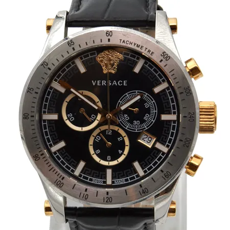 Teräsrannekello Versace Swiss Made, quartz, ref. VEV800119, rungon Ø44mm, nahkarannekkeen pituus 165-210mm, laatikko,