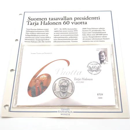 Mitalikirje Tarja Halonen 60-vuotta 1.12.2003, 0726 / 5000, 925, Paino: 39,3 g