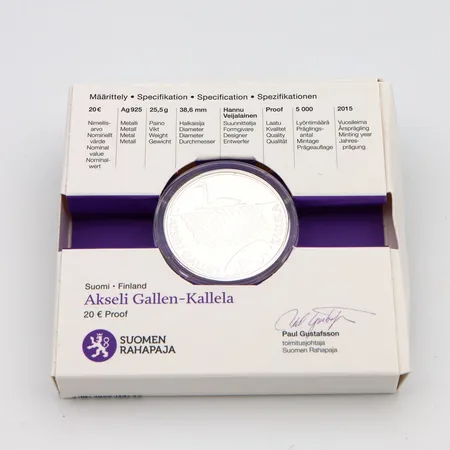 Juhlaraha, Akseli Gallen- Kallela, Suomi 2015, nimellisarvo 20 euroa, Lyöntimäärä 5000kpl, 925 Paino: 25,5 g