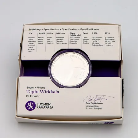 Juhlaraha, Tapio Wirkkala, Suomi 2015, nimellisarvo 20 euroa, Lyöntimäärä 5000kpl, 925 Paino: 25,5 g