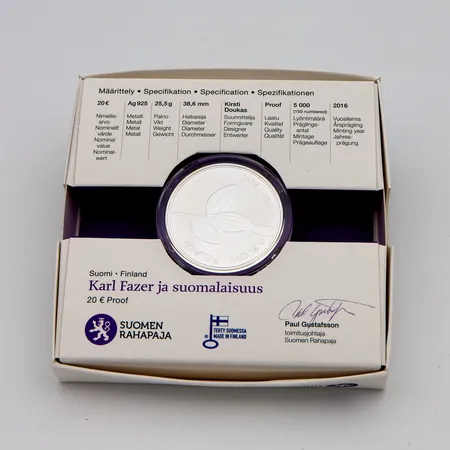 Juhlaraha, Akseli Gallen- Kallela, Suomi 2015, nimellisarvo 20 euroa, Lyöntimäärä 5000kpl, 925 Paino: 25,5 g