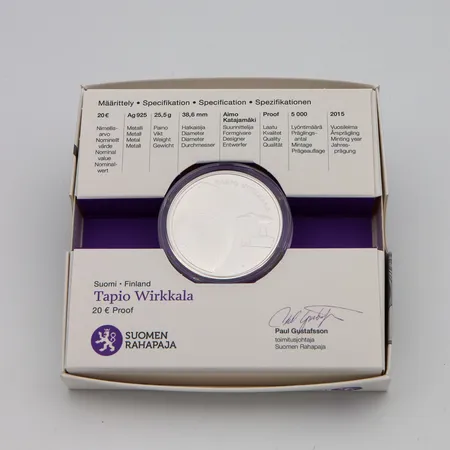 Juhlaraha, Tapio Wirkkala, Suomi 2015, nimellisarvo 20 euroa, Lyöntimäärä 5000kpl,  925 Paino: 25,5 g