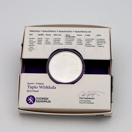 Juhlaraha, Tapio Wirkkala, Suomi 2015, nimellisarvo 20 euroa, Lyöntimäärä 5000kpl,  925 Paino: 25,5 g