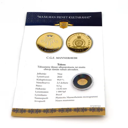 Kultaraha C.G.E Mannerheim, nimellisarvo 2,5 dollaria, 999, Paino: 0,5 g