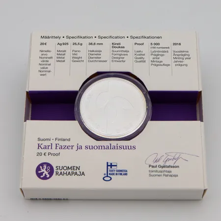 Juhlaraha, Karl Faxer, Suomi 2016, nimellisarvo 20 euroa, Lyöntimäärä 5000kpl, 925, Paino: 25,5 g