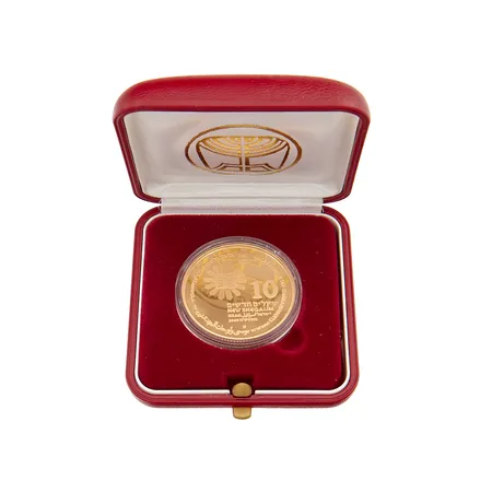 Kultaraha 10 NIS, Israel, säilytysrasia ja aitoustodistus, 917, Paino: 17 g
