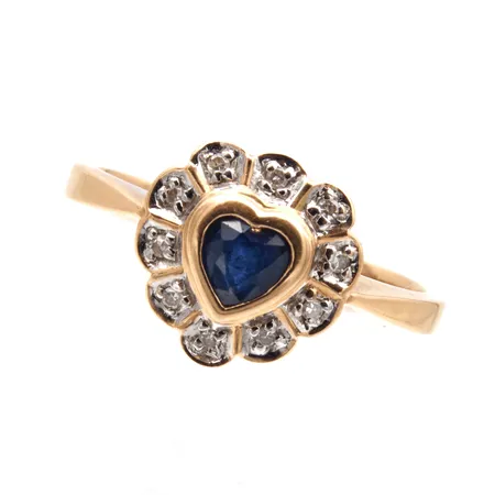 Sydän-sormus sinisafiirilla ja timanteilla 10xn.0.005ct, koko 17, pieni särö sinisafiirissa, 585br, Paino: 2,4 g