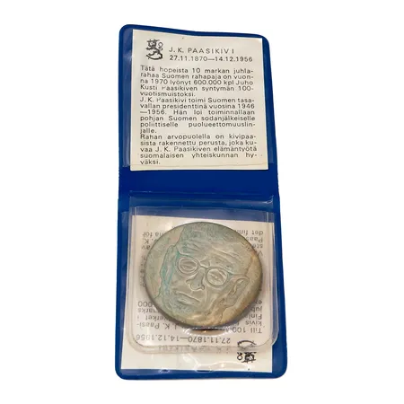 Juhlaraha, J.K Paasikivi, 100 vuotta, vuodelta 1970, nimellisarvo 10 markkaa, 500, Paino: 22,7 g