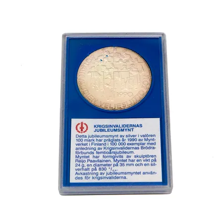 Juhlaraha, Sotainvalidien Veljesliitto 50 vuotta, 1990, nimellisarvo 100mk, 830, Paino: 24,1 g