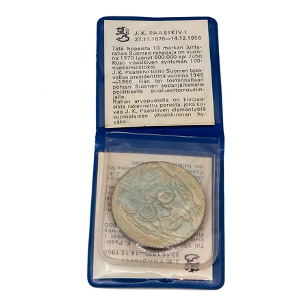 Juhlaraha, J.K Paasikivi, 100 vuotta, vuodelta 1970, nimellisarvo 10 markkaa, 500, Paino: 22,7 g