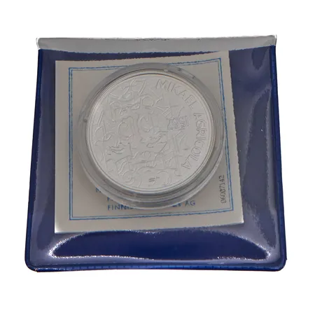 Juhlaraha, Mikael Agricola ja suomen kieli, 2007, nimellisarvo 10 euroa, aitoustodistus, 925, Paino: 25,5 g