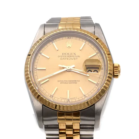 Rannekello Rolex, Oyster Perpetual Datejust, automatti, 16233, Ø 35mm, kulta- ja teräsranneke jubilee, pituus 180mm, pientä käytöstä aiheutunutta kulumaa, ei manuaalia, -sertifikaatia tai laatikkoa.