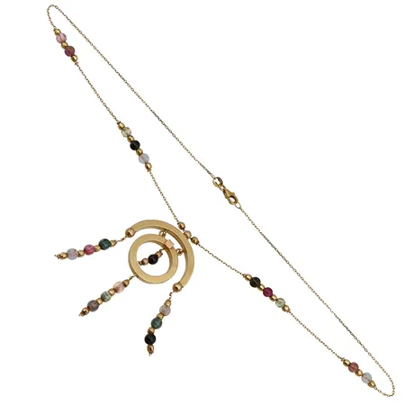 Kaulakoru kivillä, pituus 44cm, keskikoristeen korkeus 60mm, 585br,  Paino: 11,2 g