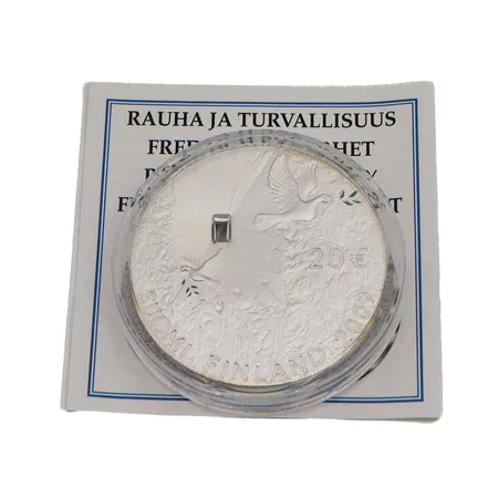 Juhlaraha, Rauha ja turvallisuus, 2009, nimellisarvo 20 euroa, aitoustodistus, 925, Paino: 33,6 g