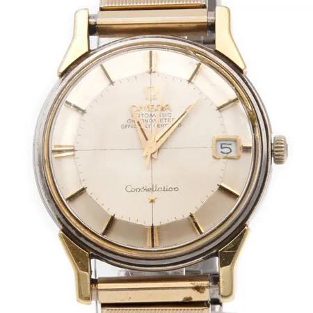 Teräsrannekello Omega Constellation Automatic Chronometer, Pie- Pan caliber 561, koneiston n.23898120, 24-kivinen, 168.005, Swiss Made, automaatti, lasi viallinen, rungon Ø33.5mm, kaiverrettu, joustinranneke terästä, ranneke ei alkuperäinen, käytön jälkiä.