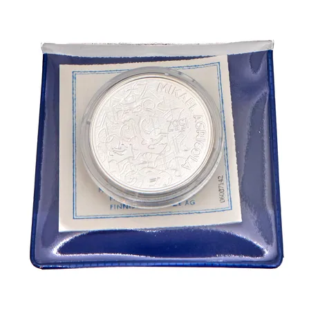 Juhlaraha, Mikael Agricola ja suomen kieli, 2007, nimellisarvo 10 euroa, aitoustodistus, 925, Paino: 25,5 g