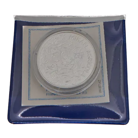 Juhlaraha, Mikael Agricola ja suomen kieli, 2007, nimellisarvo 10 euroa, aitoustodistus, 925, Paino: 25,5 g