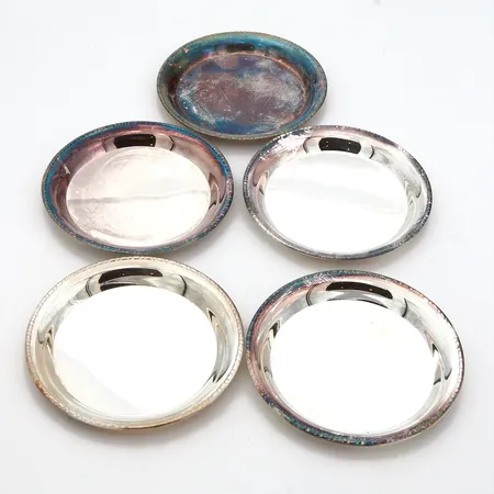 Viisi  hopeista lasinaluslautasta, Ø85mm, 830,  Paino: 136,4 g