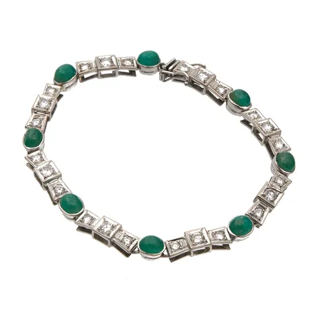 Timanttirannekoru vihreillä kivillä 8xn.0.10ct 16xn.0.06ct, pituus 170mm,  750br valkokulta,  Paino: 13,9 g