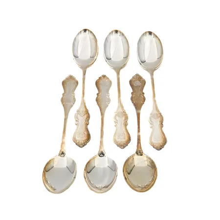 Kuusi jälkiruokalusikkaa, Romantiikka, pituus 165mm, kaiverrettu, Kultakeskus Oy, valmistettu Hämeenlinnassa 1971, 830, Paino: 211,5 g