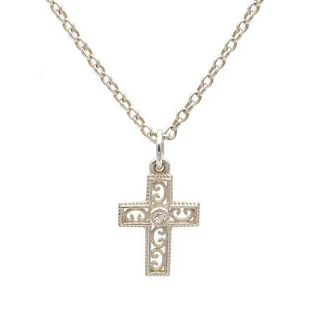 Kaulakoru Kalevala, Filigraaniristi zirkonilla, ketjun pituus 41,5-44,5cm, riipuksen korkeus 19mm, 925, Paino: 3,6 g