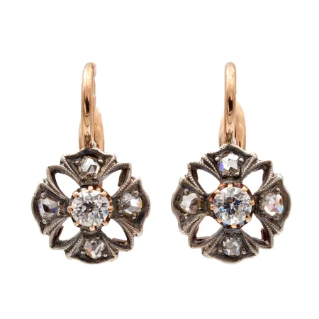 Timanttikorvakorut 2xn.0.18ct ja 8xn.0.03ct, vanhahiontaisia, korkeus 19mm, 585, Paino: 3,3 g
