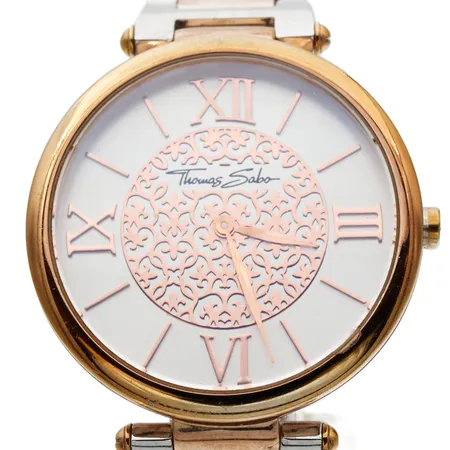 Teräsrannekello Thomas Sabo, Karma Rosegold, WA0257, Ø 38mm, quartz, käytöstä aiheutunutta kulumaa, rannekkeen kultaus kulunut, tappi puuttuu.