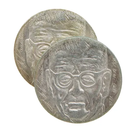 Kaksi juhlarahaa, J.K Paasikivi, 100 vuotta, vuodelta 1970, nimellisarvo 10 markkaa, 500, Paino: 45,2 g