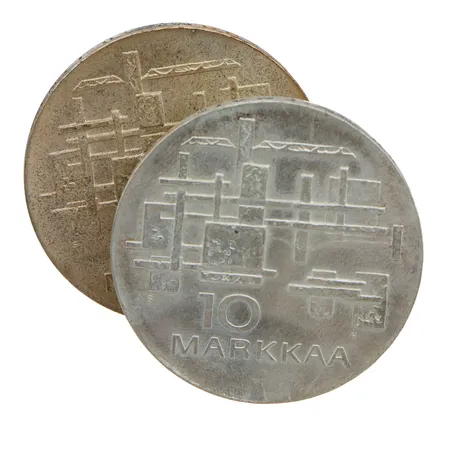 Kaksi juhlaraha, 10 markkaa, Itsenäinen Suomi 50 vuotta 1917-1967, Suomi, 900, Paino: 48,3 g