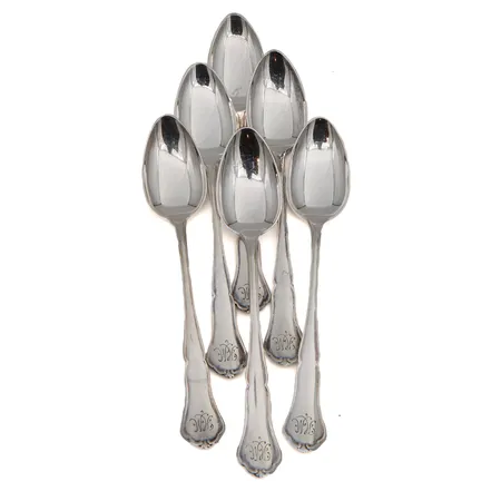 Kuusi kahvilusikkaa, Chippendale, pituus 115mm, kaiverrettuja, Paino: 78 g