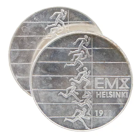Kaksi juhlarahaa, Suomi 1971 EMX Helsinki, nimellisarvo 10mk, 500, Paino: 48,7 g