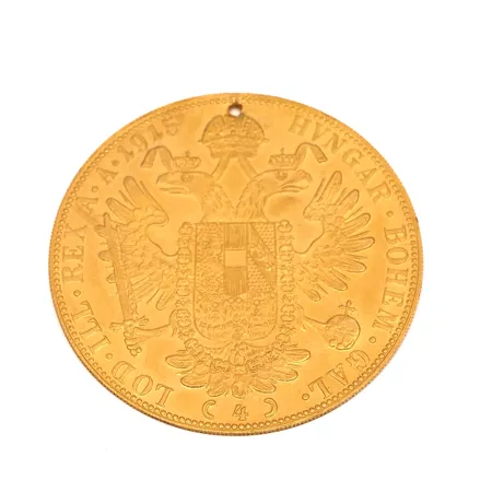 Viallinen kultaraha Frans Josef I, 4 dukaattia, Itävalta-Unkari, 1915, 986, Paino: 13,9 g
