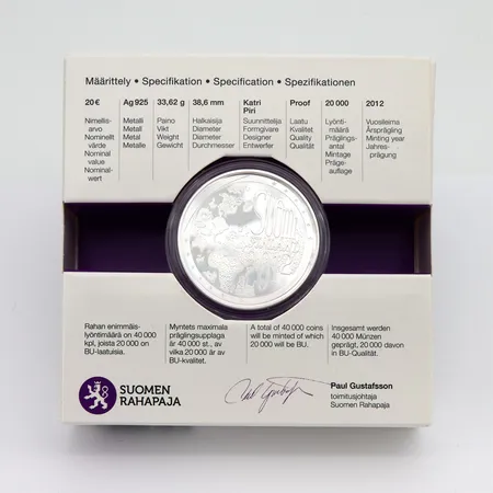 Juhlaraha, Tasa-arvo ja suvaitsevaisuus, nimellisarvo 20 euroa, 2012, 925, Paino: 33,7 g