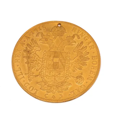 Viallinen kultaraha Frans Josef I, 4 dukaattia, Itävalta-Unkari, 1915, 986, Paino: 13,9 g