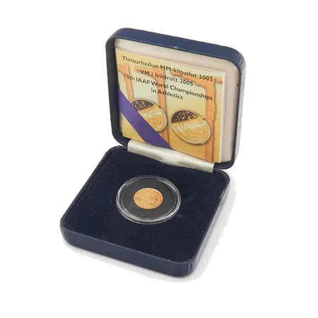 Kultaraha, Yleisurheilun MM-kilpailut 2005, nimellisarvo 20, laatikko ja todistus, 900, Paino: 1,7 g