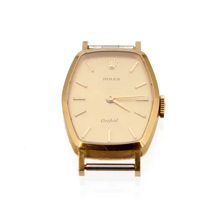 Kultarannekello Rolex Orchid, manuaali, caliber 1400, 18-kivinen, Ø 20mm, takuutodistus W003938, 4332932, nahkaranneke, kaiverrettu, 750br, Paino: 14,5 g
