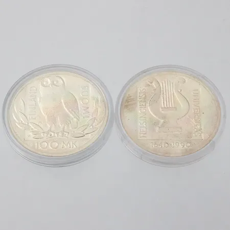 Kaksi juhlarahaa, 100 Markkaa, 1990, Yliopisto Helsinki 1640-1990, 830, Paino: 48 g