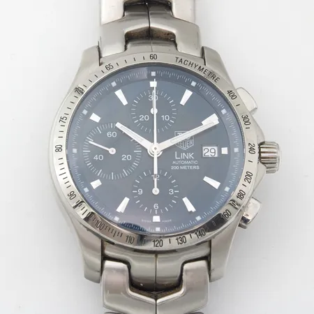 Teräsrannekello Tag Heuer Link automatic 200 meters, malli CJF2114, taulun Ø 43mm, hihnan pituus 160mm, kolme jatkopalaa, hihnassa ja rungossa käytön jälkiälaatikko ja paperit Lindroos 21.08.2007