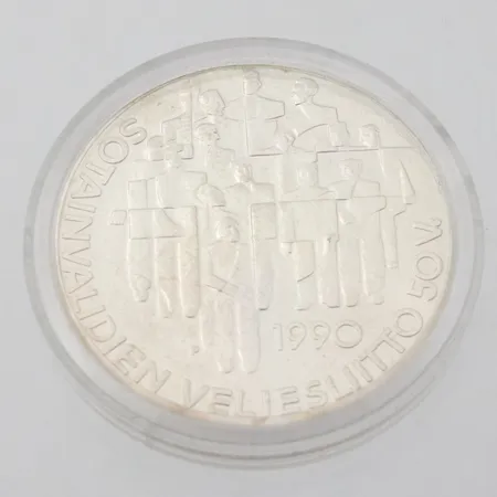 Juhlaraha, Sotainvalidien Veljesliitto 50 vuotta, 1990, nimellisarvo 100mk, 830, Paino: 24,1 g
