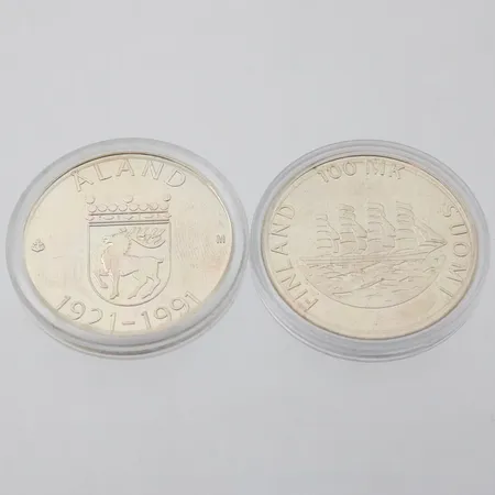 Kaksi juhlaraha, Åland 1921-1991, nimellisarvo 100mk, 925, Paino: 48,8 g