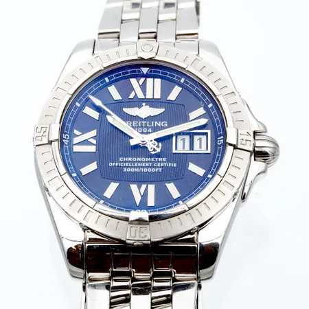 Teräsrannekello Breitling Galactic 41, automaatti, REF. A49350, SER. 1082377, Ø 41mm, nahkaranneke, jatkopalta ja extra-solki, takuukortti 29.12.2012, ohjekirja, aitoustodistus, säilytysrasia ja laatikko.