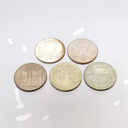 Viisi hopea juhlarahaa, nimellisarvo 50 markkaa, Urho Kekkonen, 1917 - 1967, J. K. Paasikivi ja kaksi EMX Helsinki 1971, 500-900,  Paino: 119,2 g